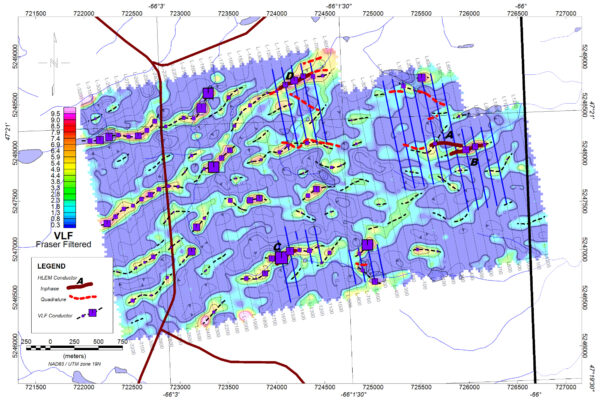 VLF-EM Fraser Filter Map (Bingham, 2020). The blue grid lines denote the areas of the HLEM surveys. Areas A and B cover the Taylor Brook Deposit